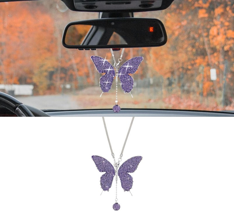 Couslcd Bling Butterfly Diamond Car Accessories, Crystal Car Rear View Mirror Charms for Women, Car Decoration Lucky Gifts Hanging Interior Crystal Ornament Pendant Decor for All Cars (Purple) - Image 1